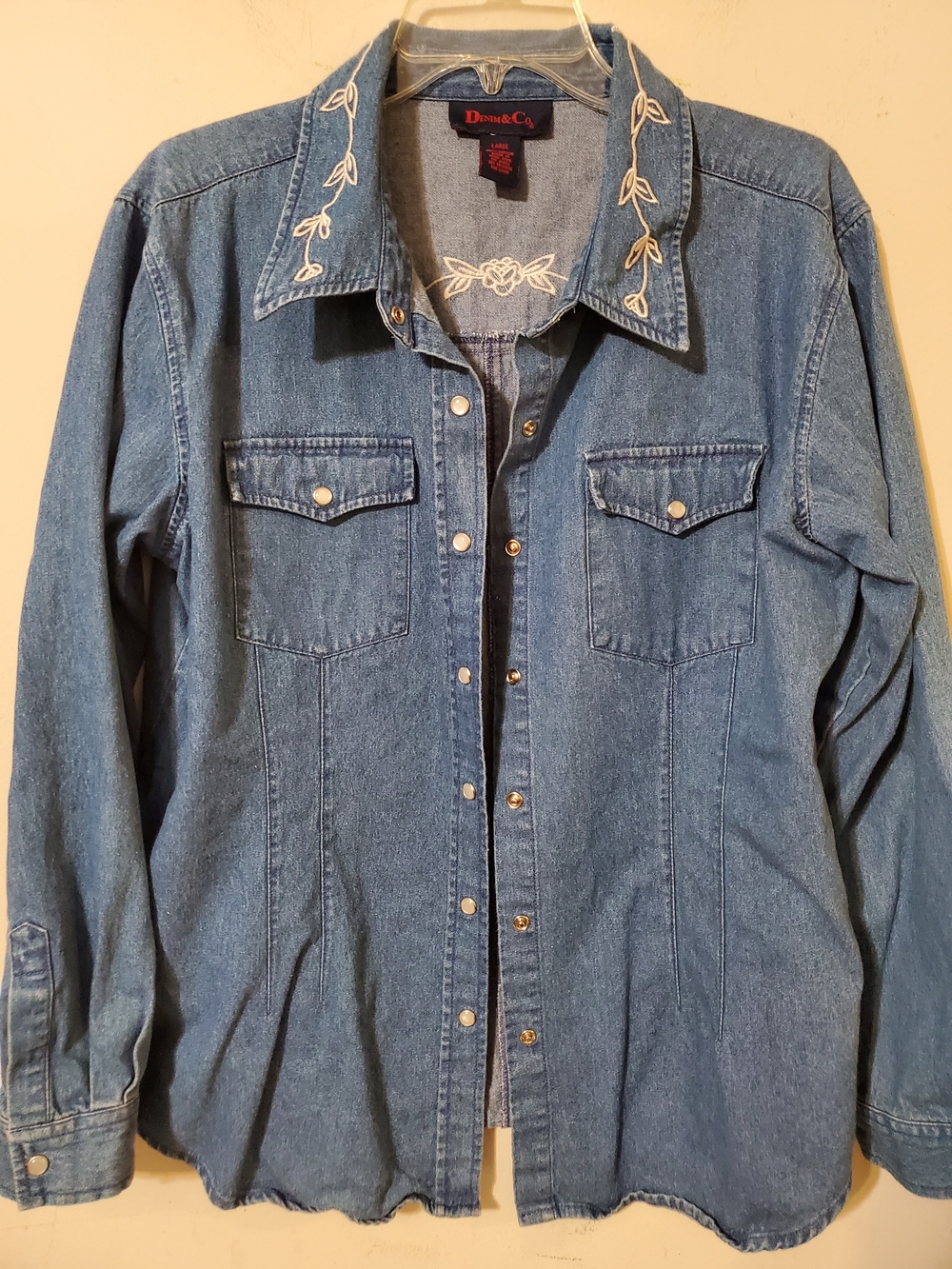 90s Denim Embroidered Over Shirt Snap Buttons